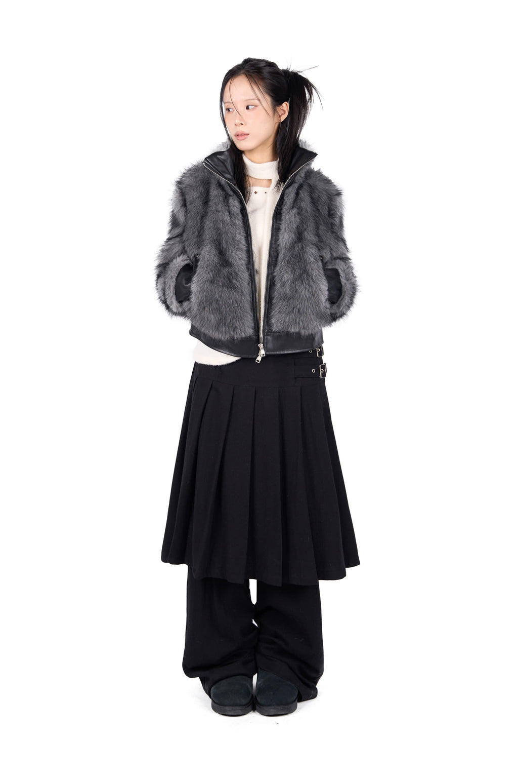 WOOL BUCKLE PLEATS SKIRT PANTS