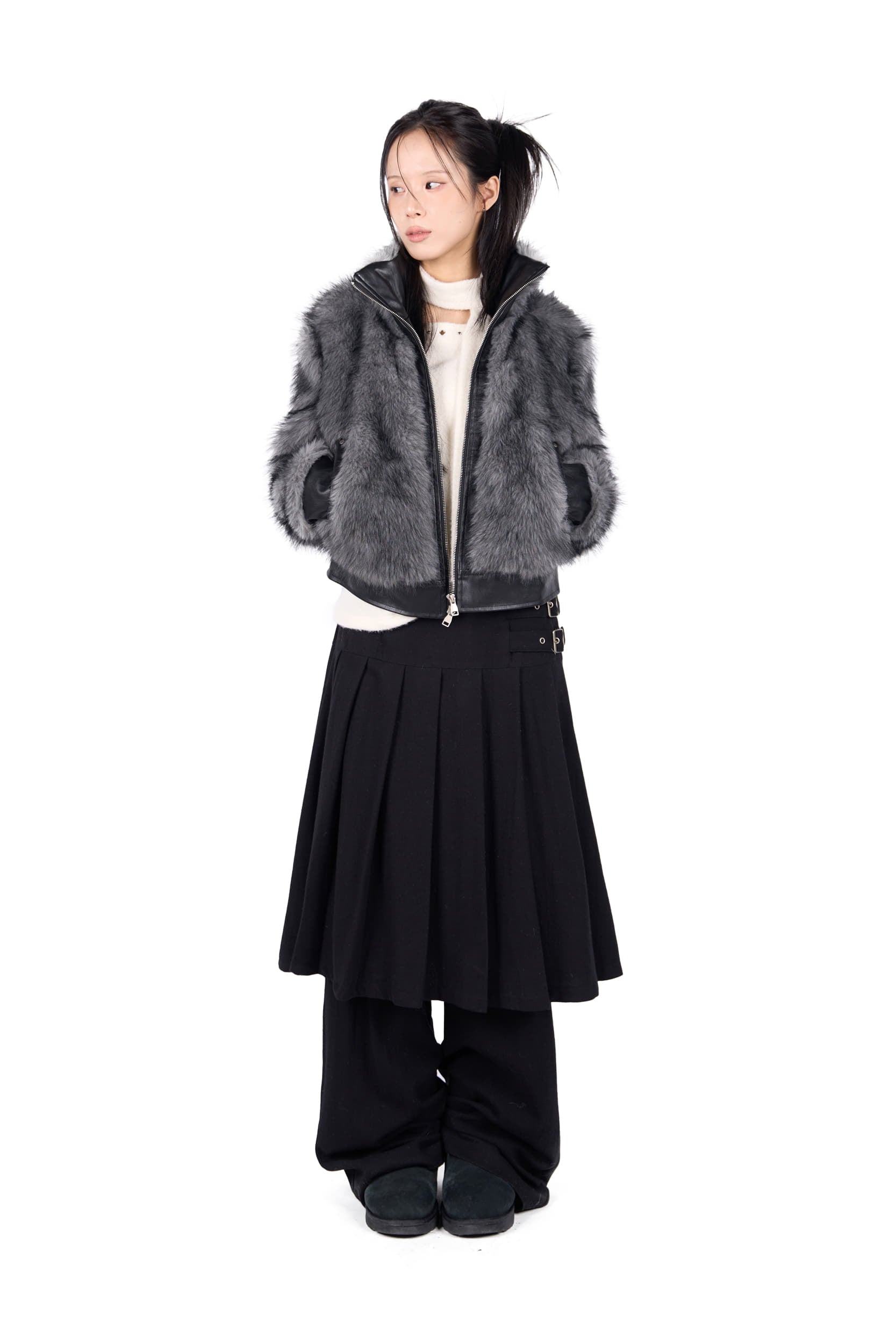 WOOL BUCKLE PLEATS SKIRT PANTS