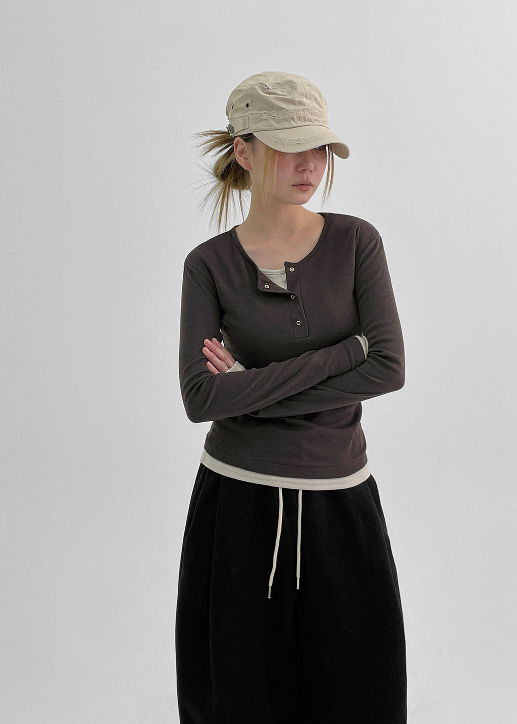 韓國製造 Brushed Layered Snap Long Sleeve Tee / 5colors