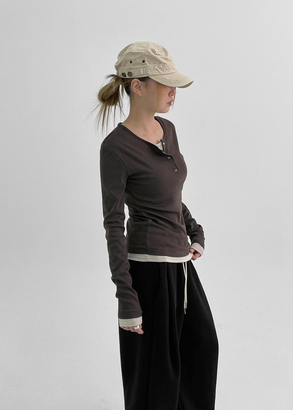 韓國製造 Brushed Layered Snap Long Sleeve Tee / 5colors