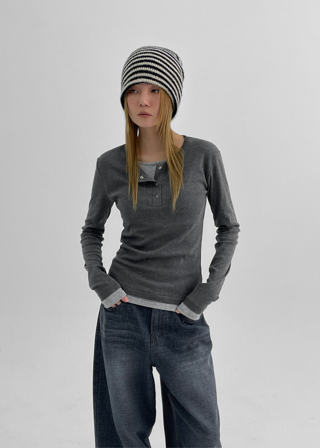 韓國製造 Brushed Layered Snap Long Sleeve Tee / 5colors