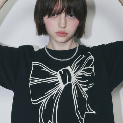 RONRON BIG RIBBON LINE T SHIRT - BLACK CREAM