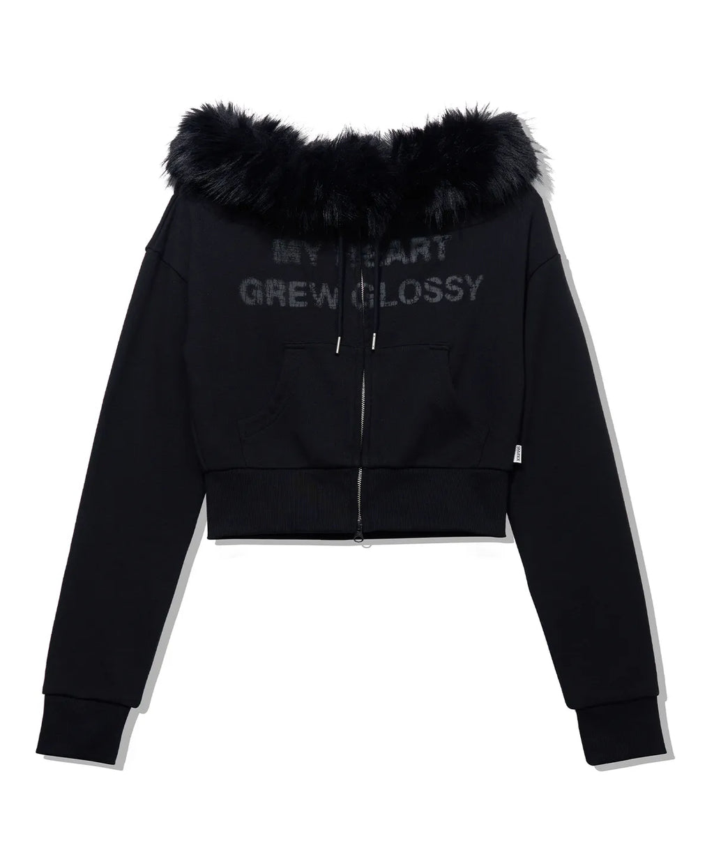 [youhee] Fur Glossy Off-Shoulder Zip-up - 2 Colors