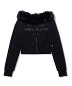 [youhee] Fur Glossy Off-Shoulder Zip-up - 2 Colors