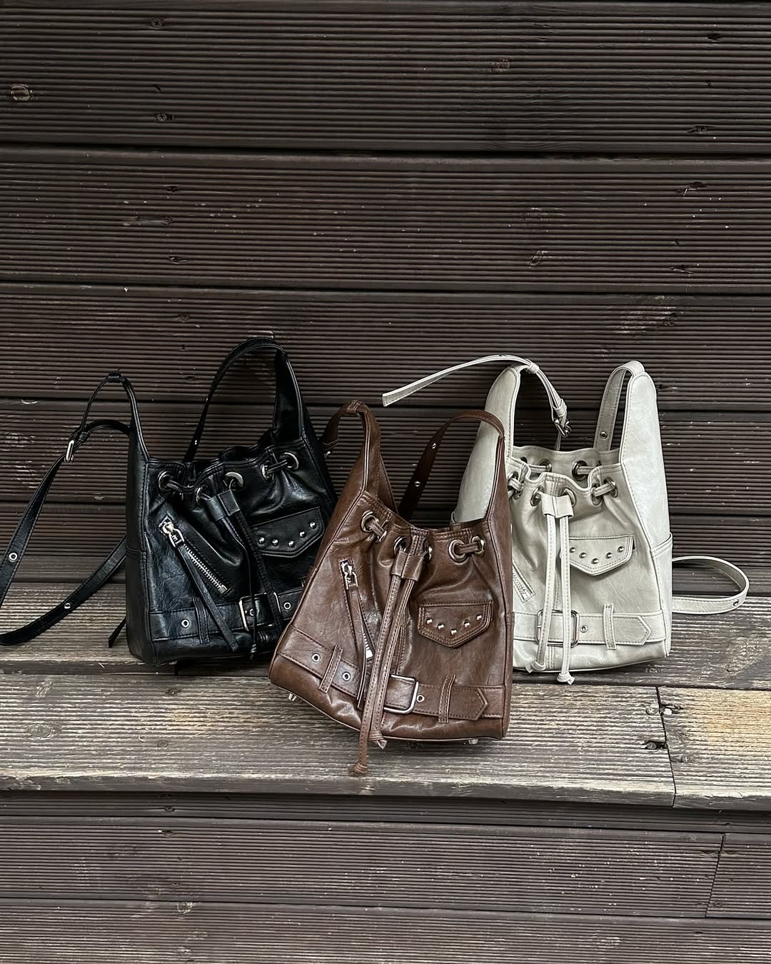 DEINET STUD BELTED MINI BUCKET BAG - 3COLORS