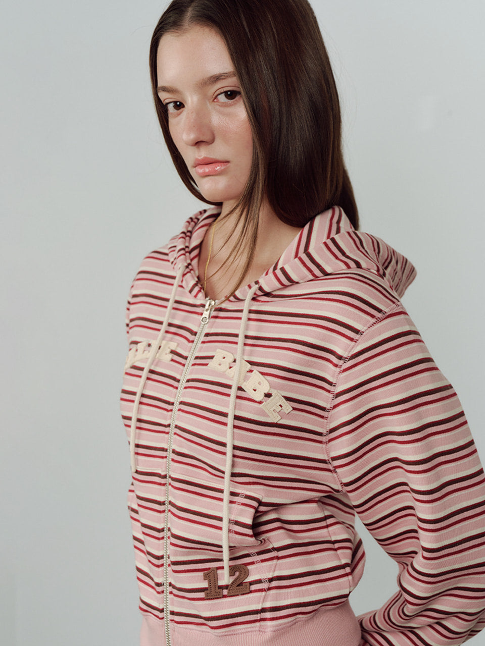CALIE BABE STRIPE HOOD ZIP UP PINK