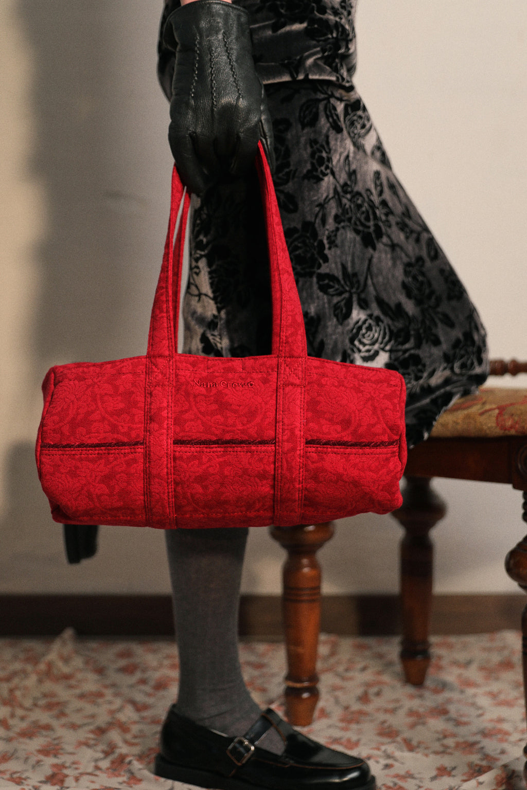 NANACREW MINI DUFFLE BAG - FLORAL JACQUARD ROSE RED