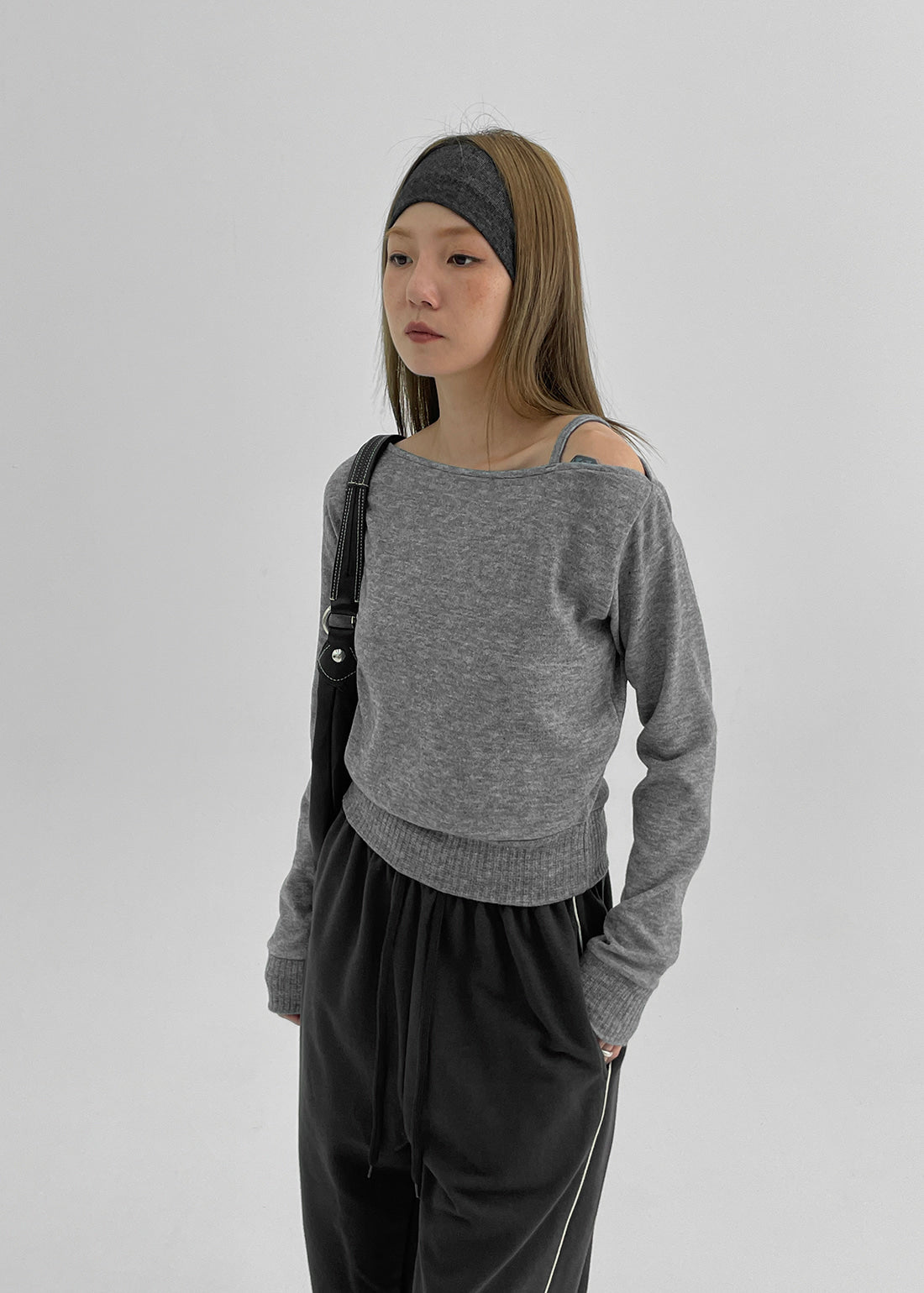 韓國製造 One-Shoulder Knit LS / Melange Grey