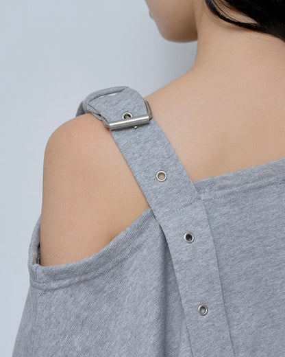 NASTY FANCY CLUB One-Shoulder Buckle Sweatshirt / melange grey