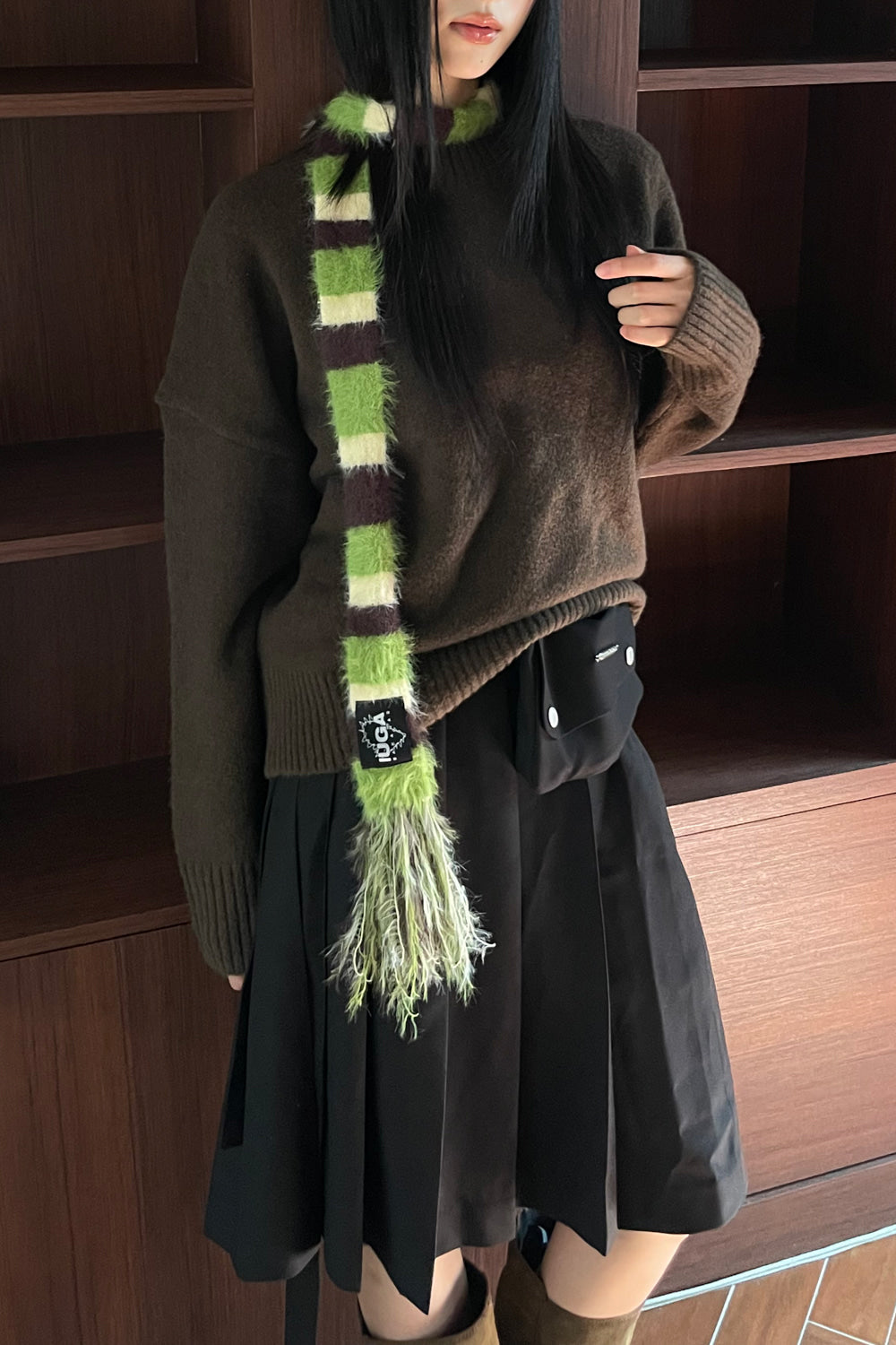 IUGA Striped Hairy Skinny Muffler (Green)