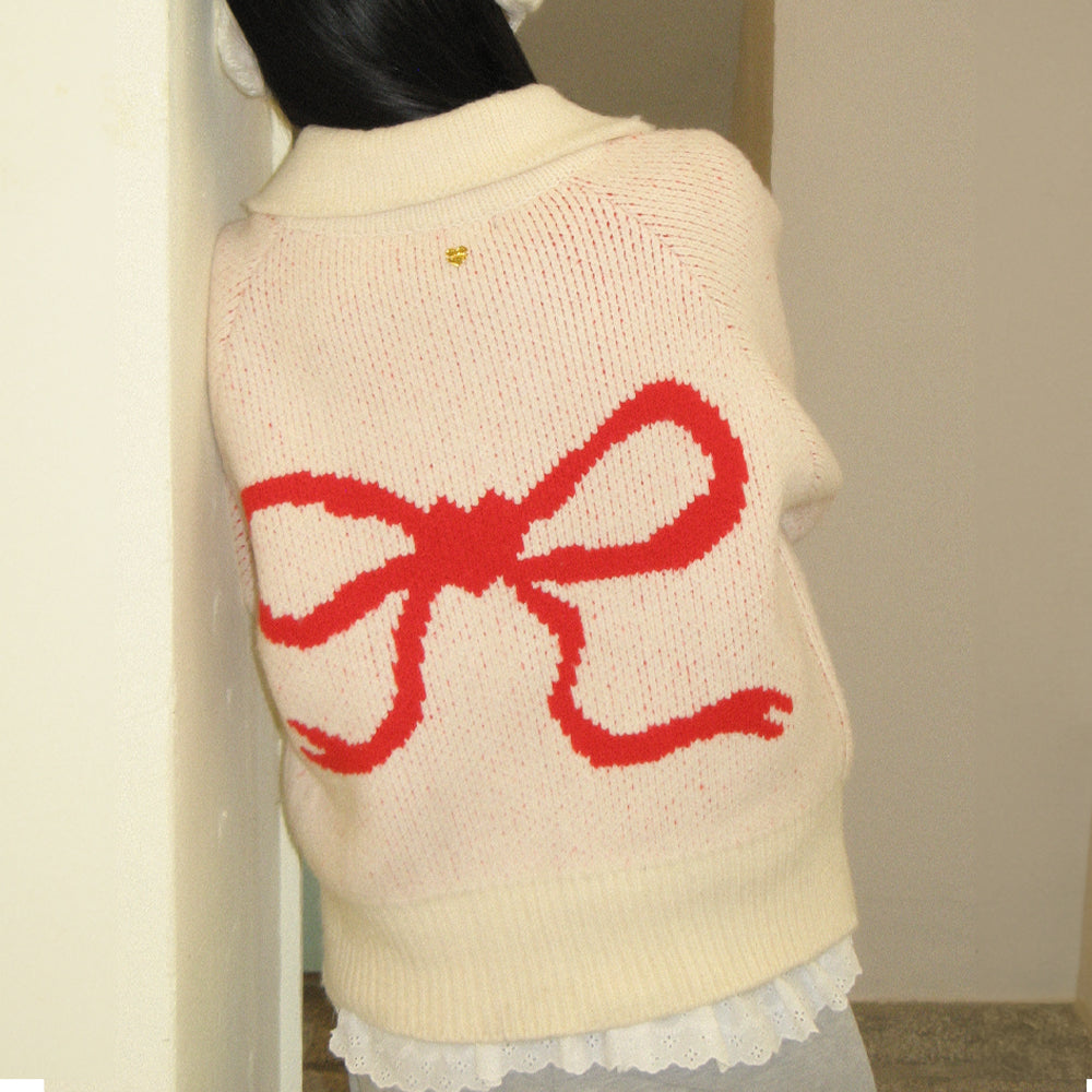 RONRON BACK HEART RIBBON COWICHAN KNIT ZIP UP / IVORY RED