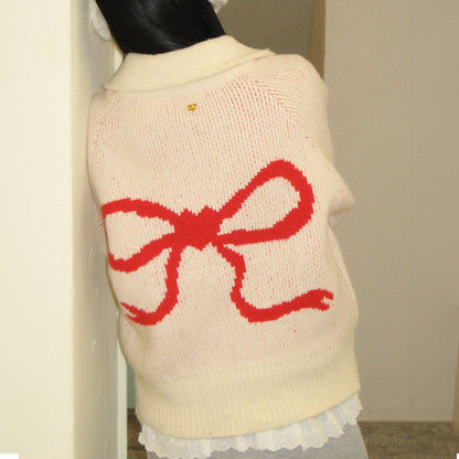 RONRON BACK HEART RIBBON COWICHAN KNIT ZIP UP / IVORY RED