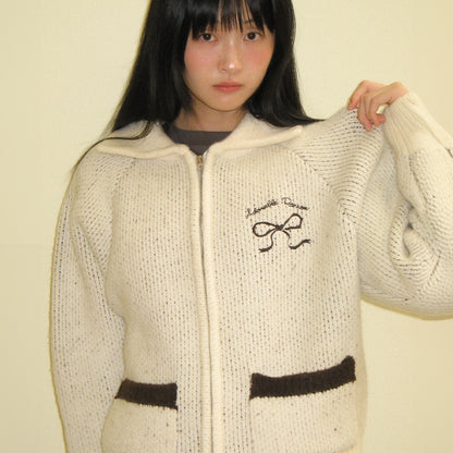 RONRON BACK HEART RIBBON COWICHAN KNIT ZIP UP / IVORY BROWN