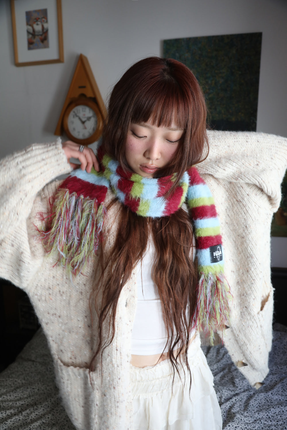 IUGA Striped Hairy Bold Muffler (Burgundy)