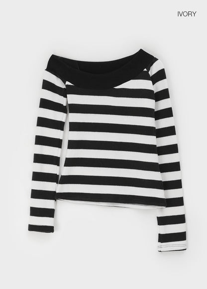 BLACKUP Striped Off-Shoulder LS Tee / 3colors