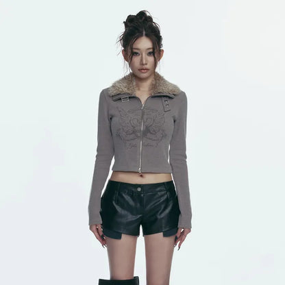 GILA ARCHIVE FUR COLLAR GRAPHIC KNIT ZIP-UP_BROWN