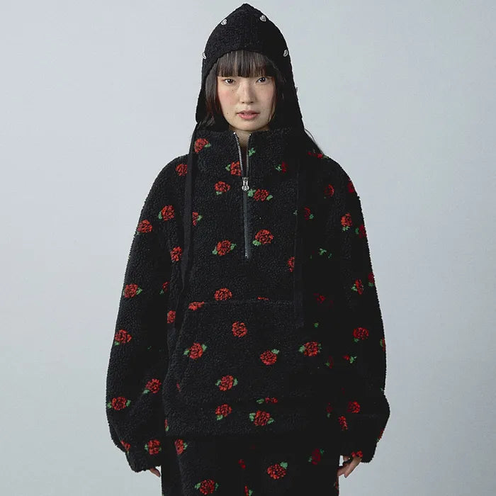 ROSE PATTERN FLEECE ANORAK_BLACK