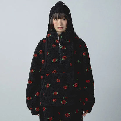 ROSE PATTERN FLEECE ANORAK_BLACK