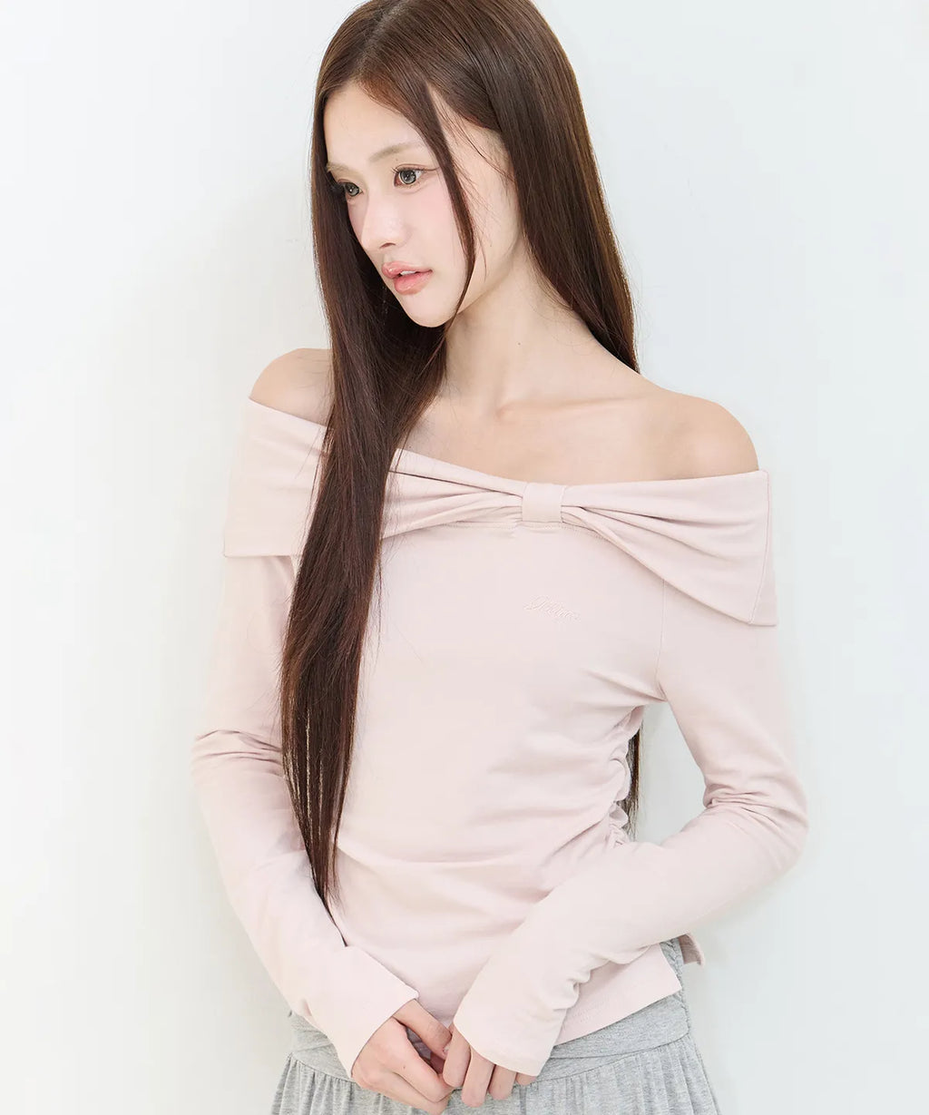 [illigo] BOW OFF SHOULDER LONG SLEEVE_PINK