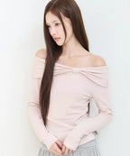 [illigo] BOW OFF SHOULDER LONG SLEEVE_PINK