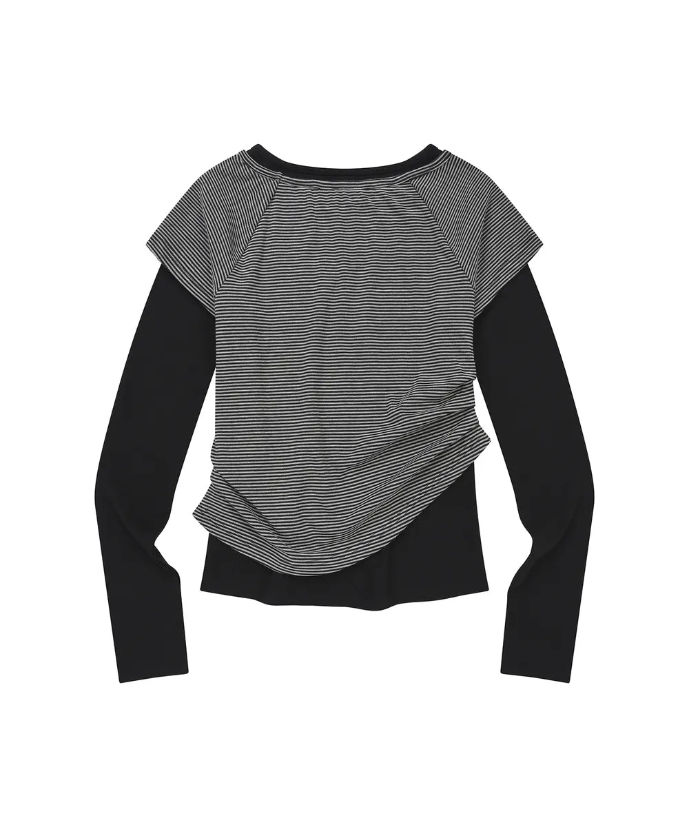 LMR Motif Embroidered Striped Fabric Layered Long-sleeved T-shirt (black)