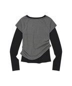 LMR Motif Embroidered Striped Fabric Layered Long-sleeved T-shirt (black)