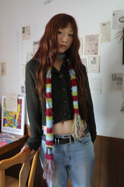 IUGA Striped Hairy Skinny Muffler (Burgundy)