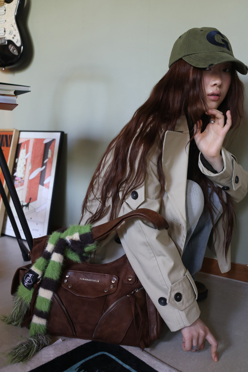 IUGA Striped Hairy Skinny Muffler (Green)