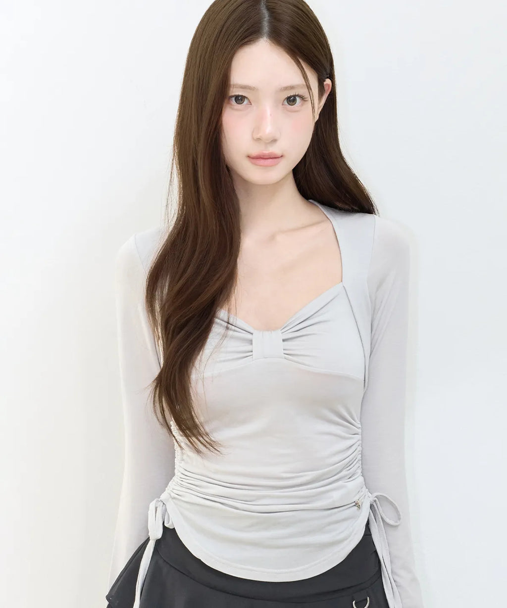 [illigo] BOW BOLERO SHIRRING TOP_GREY