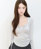 [illigo] BOW BOLERO SHIRRING TOP_GREY