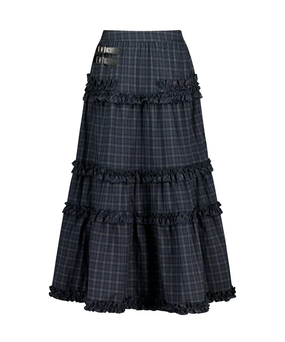 ILLIGO BUCKLE FRILL LONG SKIRT - CHECK NAVY