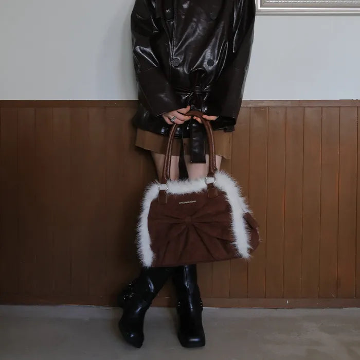 IUGA Ribbon Fur Suede Shoulder Bag (Brown)