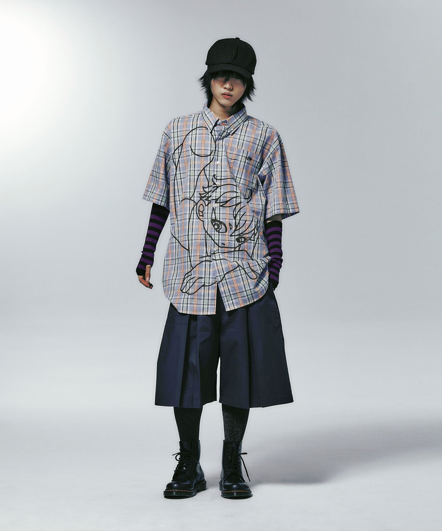 niceghostclub angel check big big half shirt [blue]