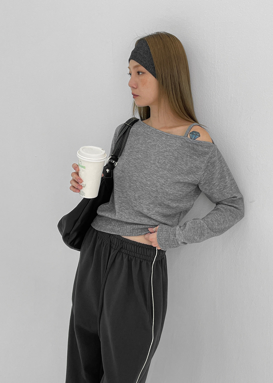 韓國製造 One-Shoulder Knit LS / Melange Grey