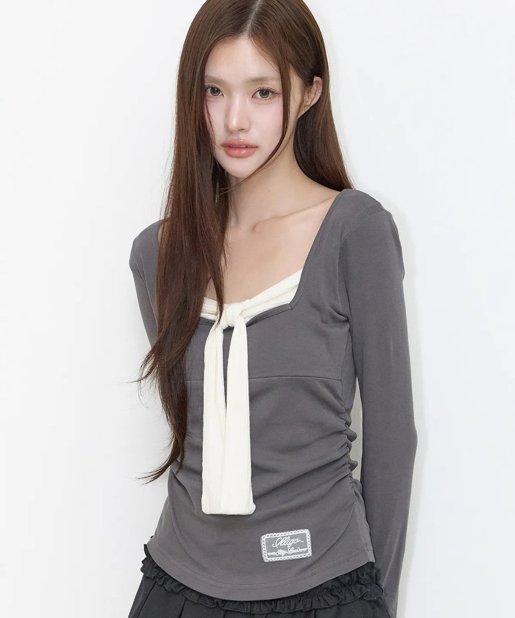 [illigo] LAYERED RIBBON TIE LONG SLEEVE_CHARCOAL