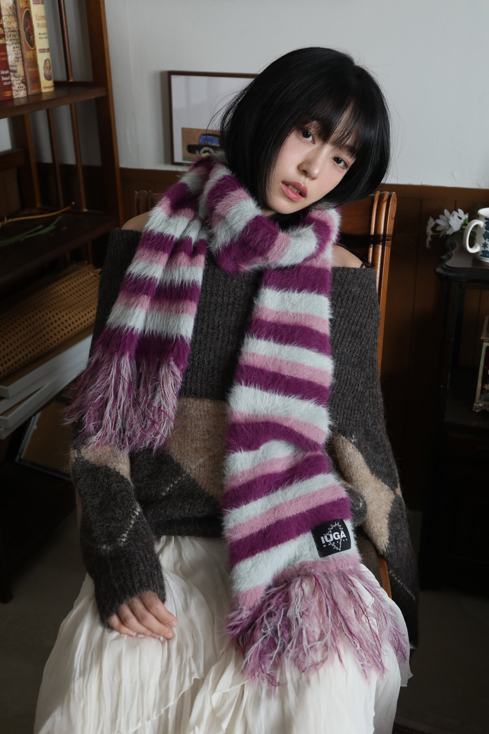 IUGA Striped Hairy Bold Muffler (Magenta)