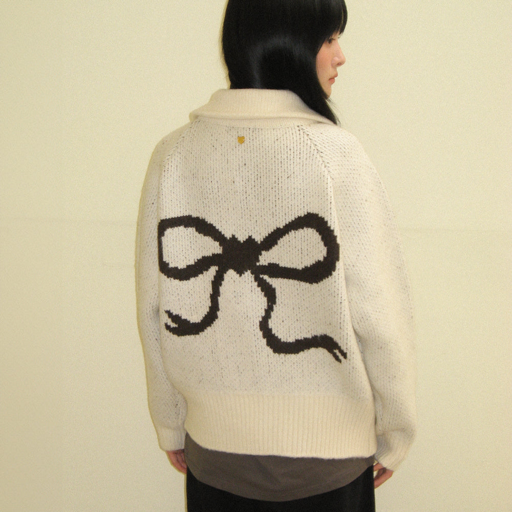 RONRON BACK HEART RIBBON COWICHAN KNIT ZIP UP / IVORY BROWN