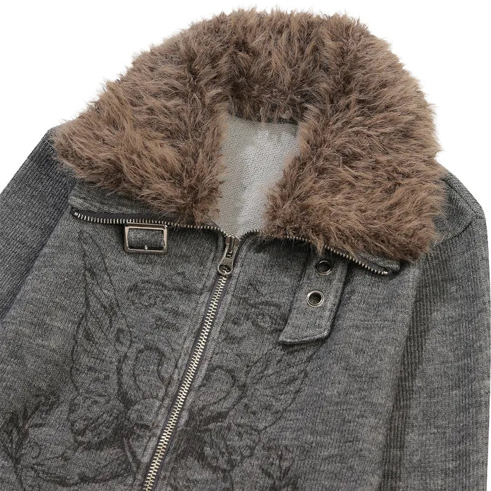 GILA ARCHIVE FUR COLLAR GRAPHIC KNIT ZIP-UP_GREY