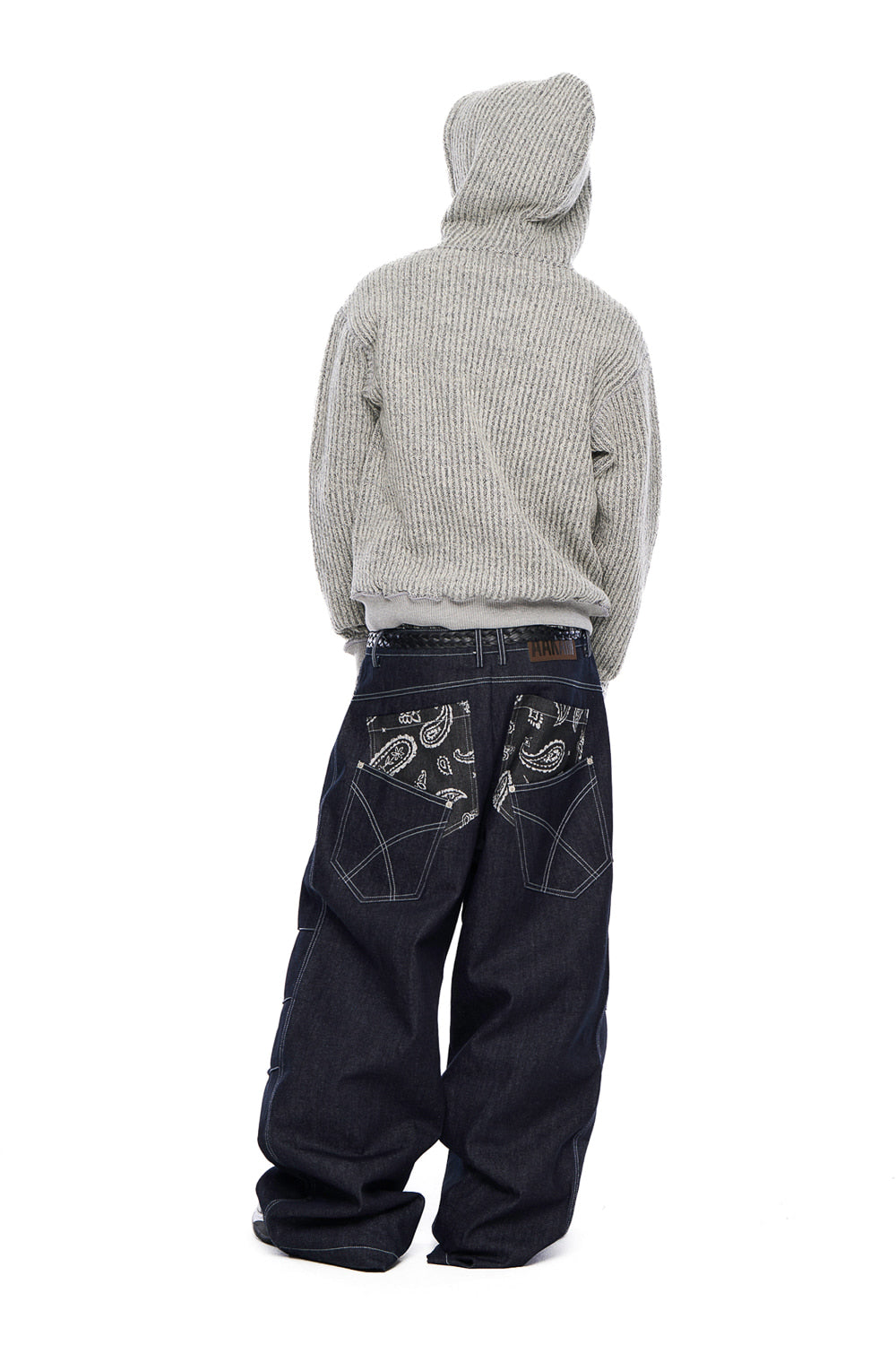 AAKAM Knee Pin-Tuck Paisley Denim Pants (Black)