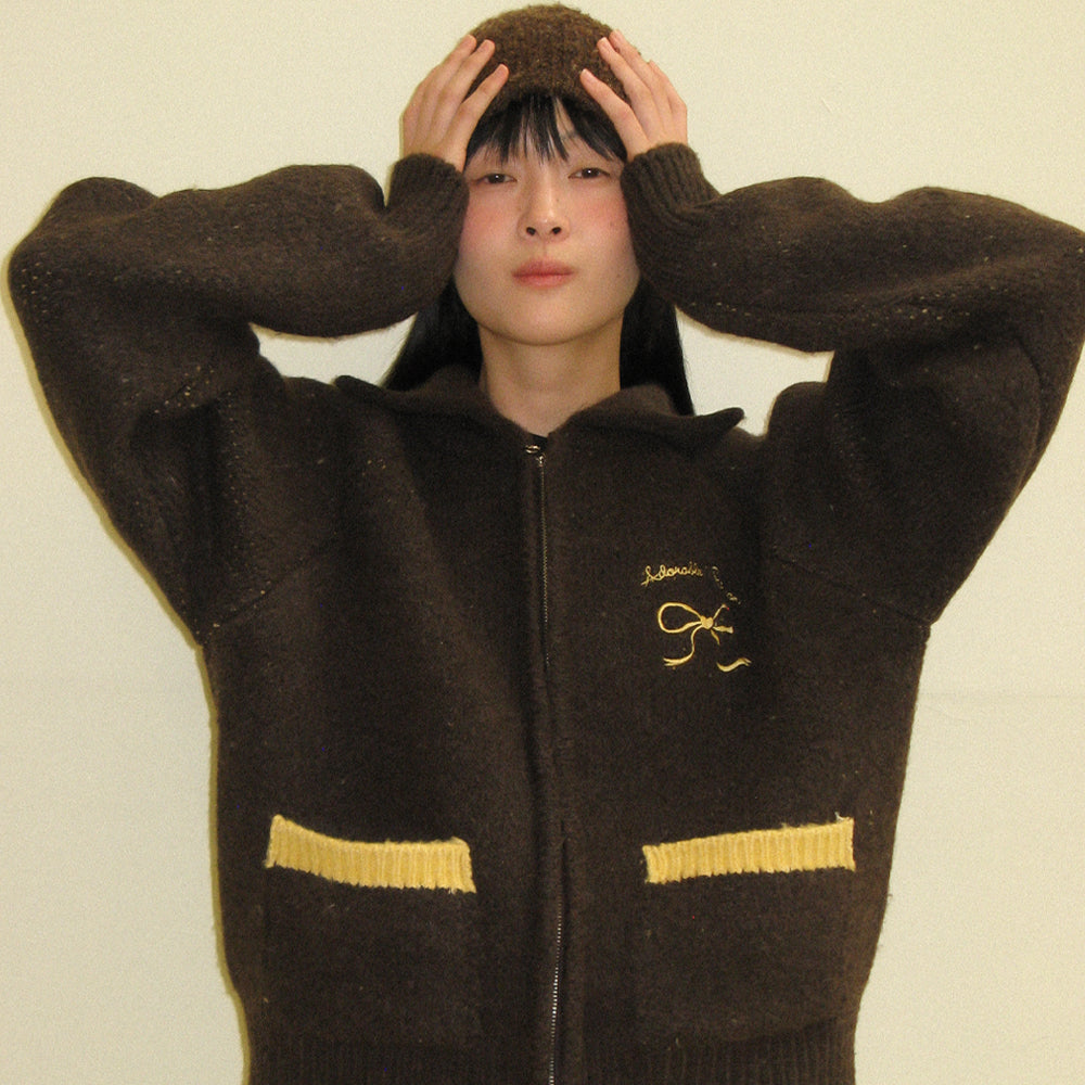 RONRON BACK HEART RIBBON COWICHAN KNIT ZIP UP / BROWN YELLOW