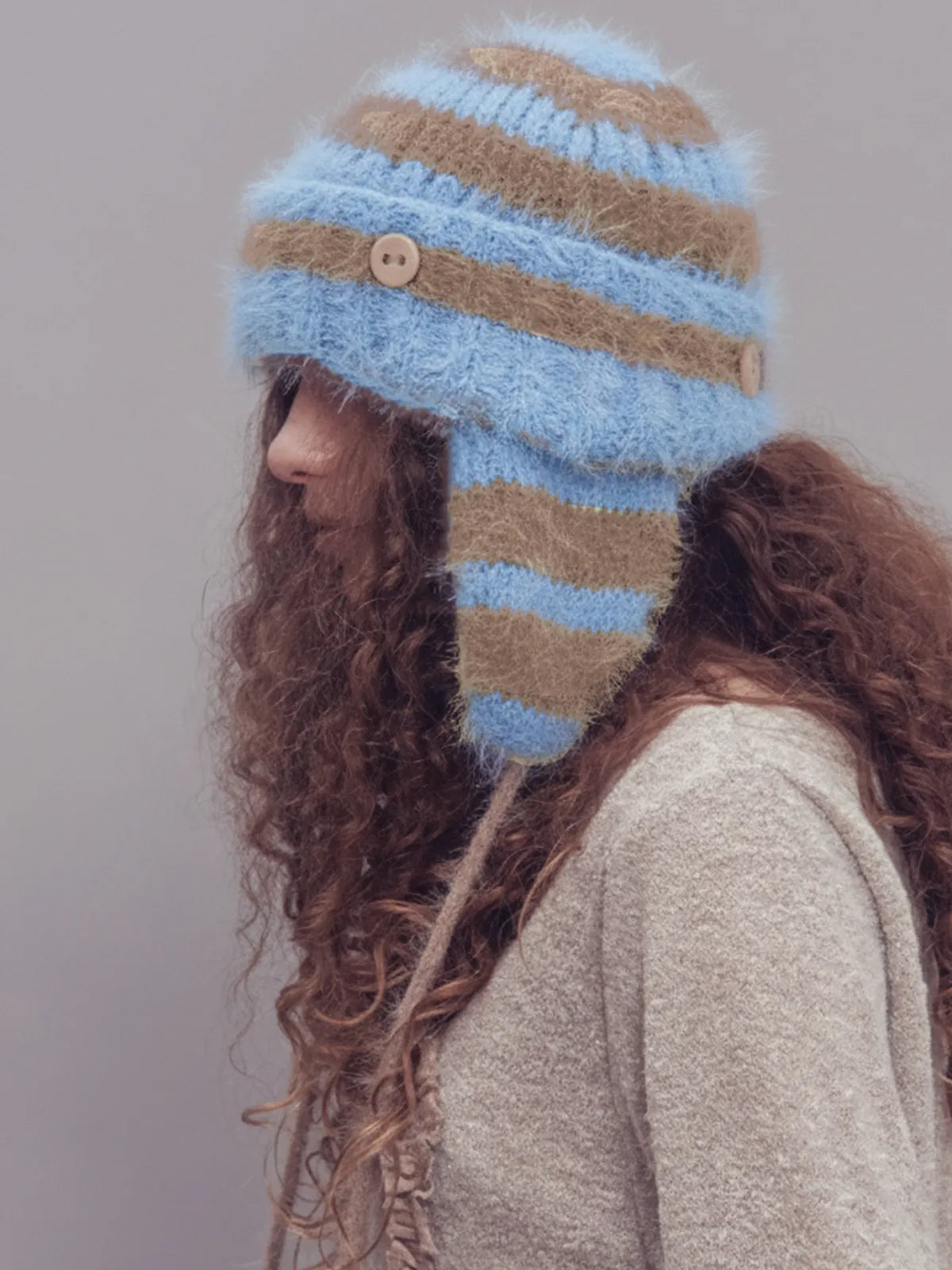 2WAY EAR FLAP BEANIE STRIPE BLUE MIX