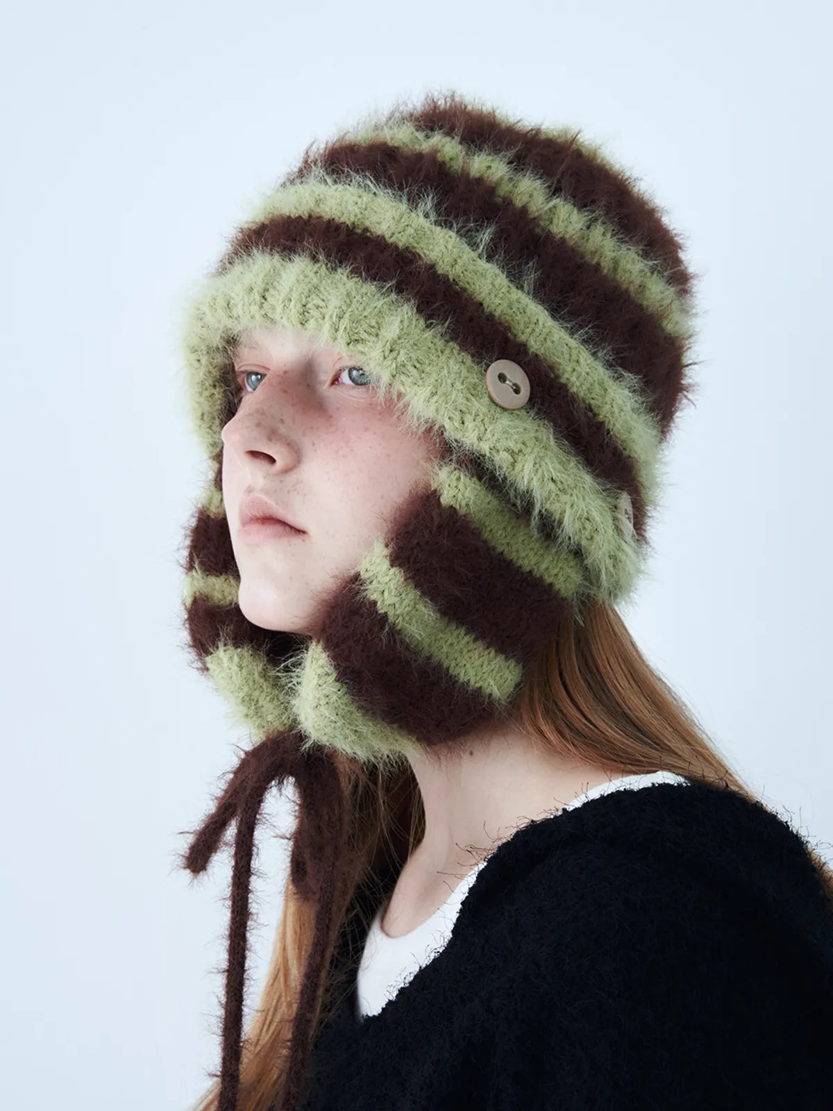 2WAY EAR FLAP BEANIE STRIPE GREEN MIX