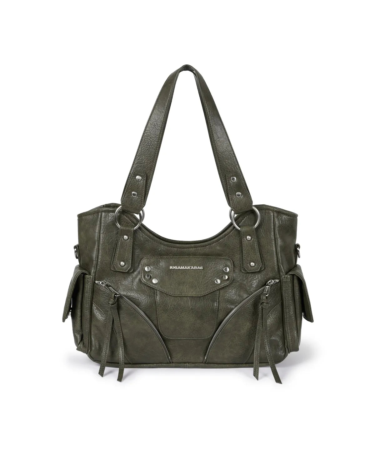 IUGA STUDDED LEATHER SHOULDER BAG / KHAKI