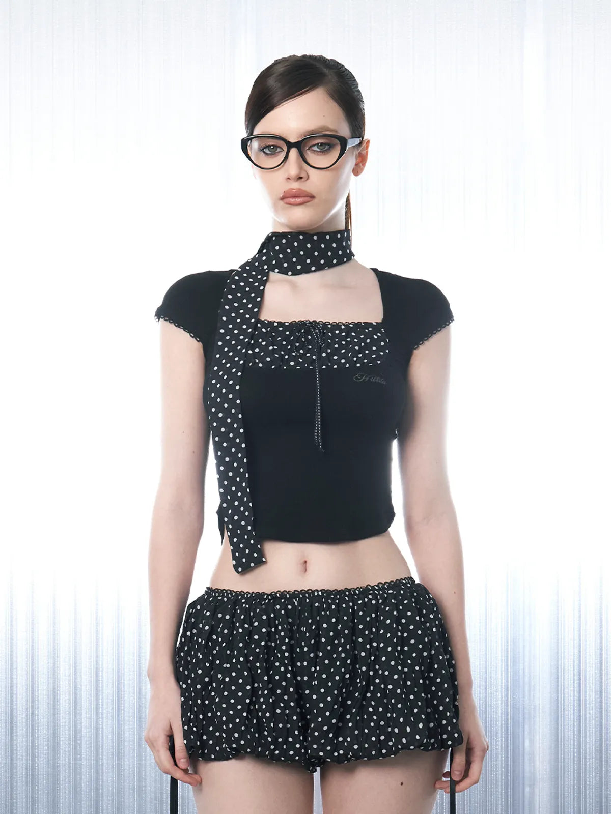 Dot Square Crop Top [Black]