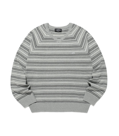 MULTI STRIPE 3STAR V NECK KNIT [GREY]