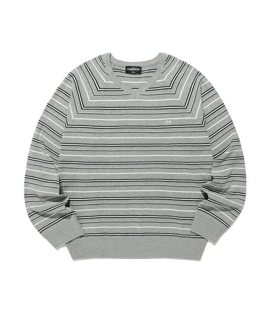 MULTI STRIPE 3STAR V NECK KNIT [GREY]