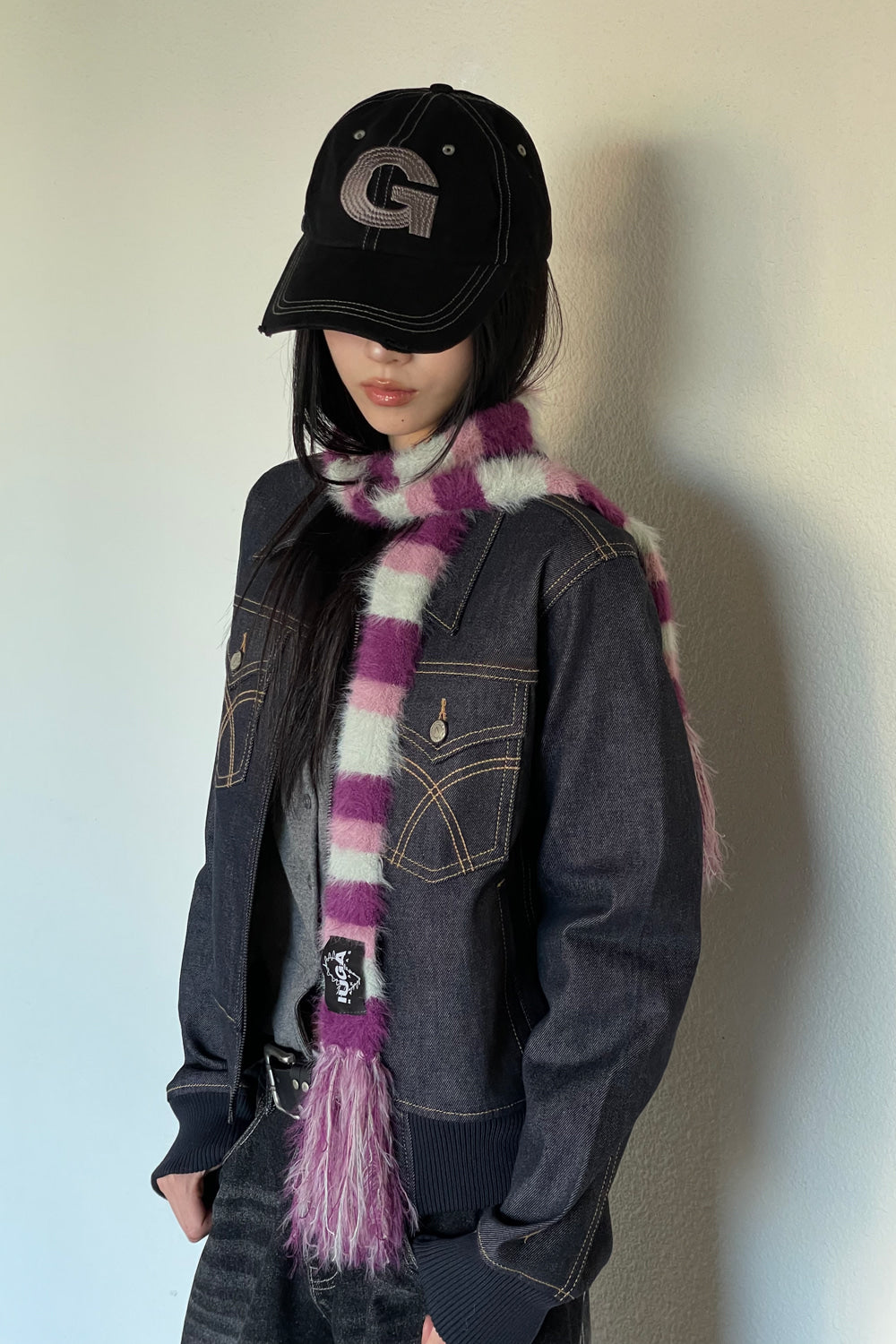 IUGA Striped Hairy Skinny Muffler (Magenta)