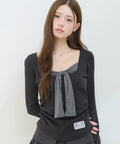 [illigo] LAYERED RIBBON TIE LONG SLEEVE_BLACK