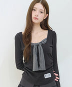 [illigo] LAYERED RIBBON TIE LONG SLEEVE_BLACK