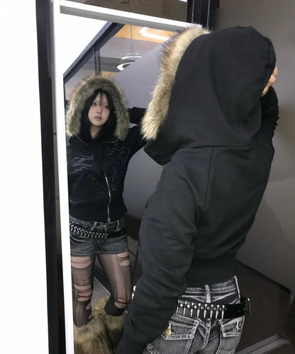 NASTY FANCY RUTHLESS FUR HOODED ZIP-UP (BLACK)